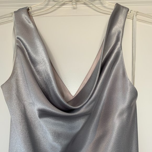 Silver Satin Finish Formal Dress with Draping Neckline Size S - Picture 3 of 6